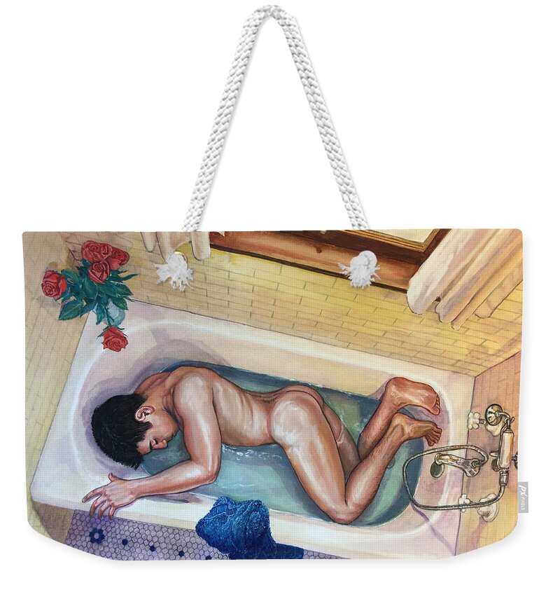 Male Nude Weekender Tote Bag featuring the painting Man in Bathtub #3 by Marc DeBauch