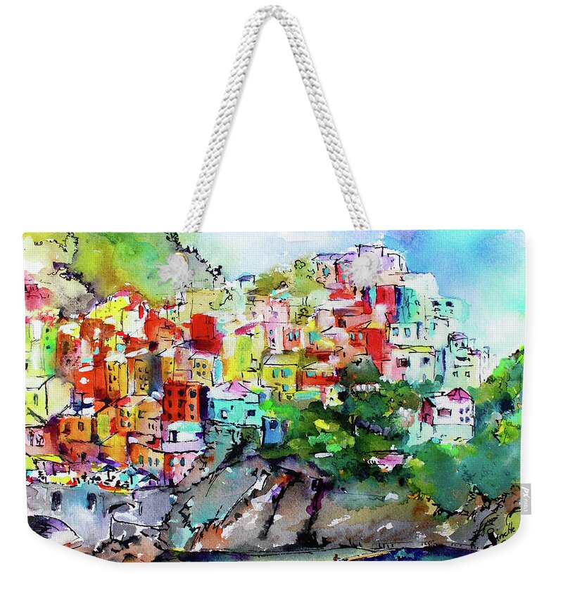 Italy Weekender Tote Bag featuring the painting Manarola Cinque Terre Italy Colorful Watercolor by Ginette Callaway