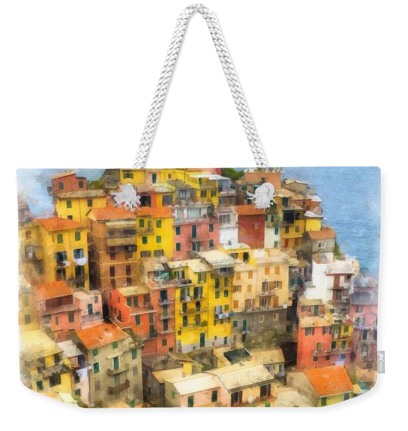 Italy Weekender Tote Bag featuring the painting Manarola Italy Cinque Terre Watercolor by Edward Fielding