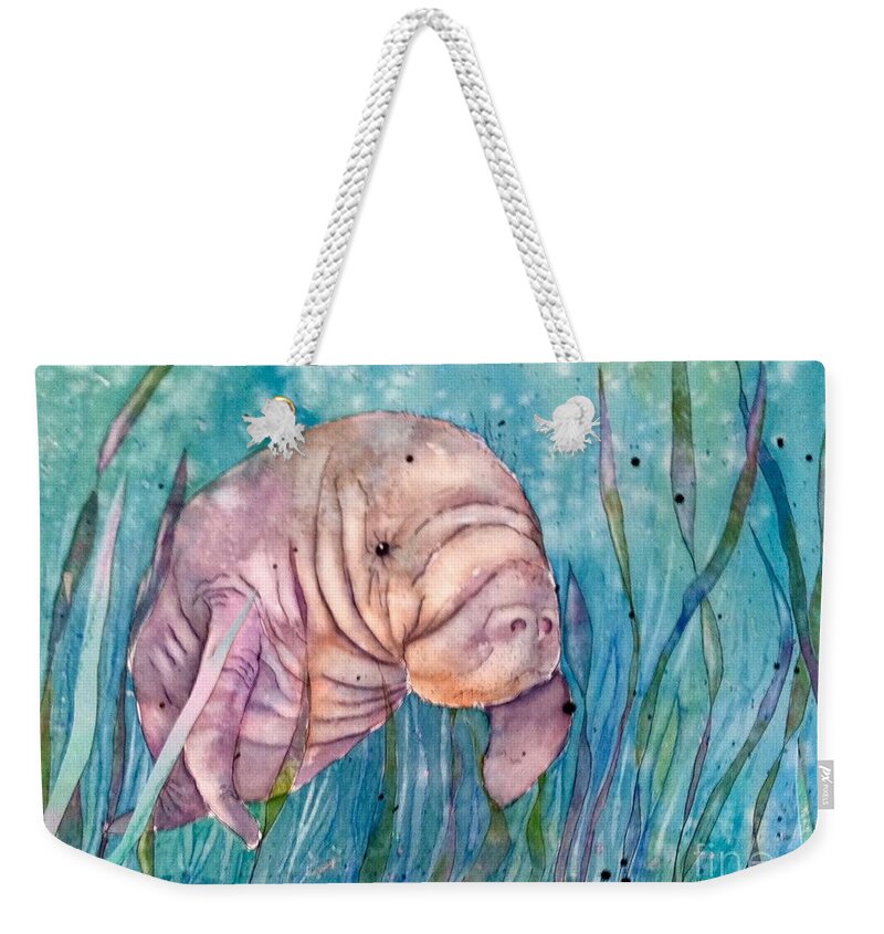 Manatee Weekender Tote Bag featuring the painting Manatee in the sea grass by Midge Pippel