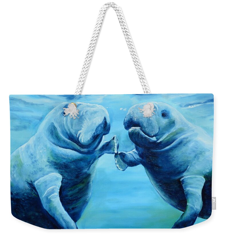 Manatees Weekender Tote Bag featuring the painting Manatees Socializing by Lloyd Dobson