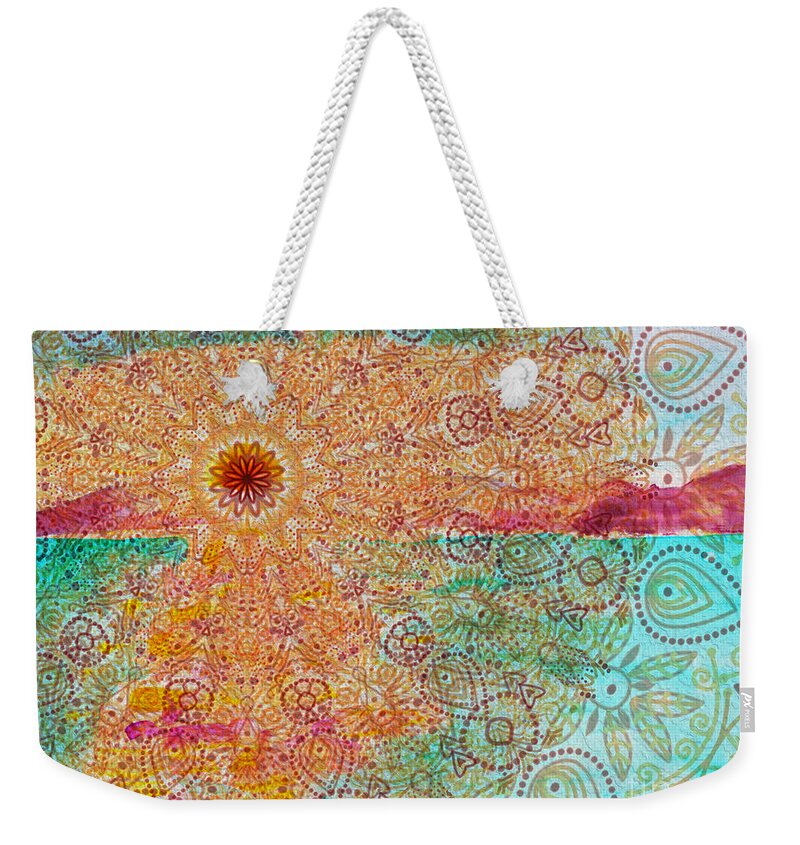 Sunset Weekender Tote Bag featuring the digital art Mandala Sets Over The Dunes by Shelley Myers