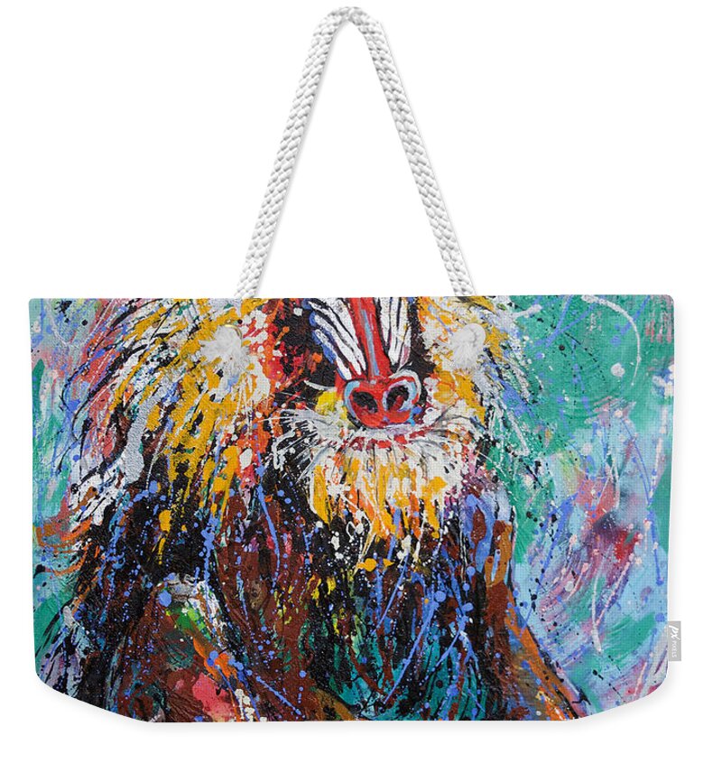 The Mandrill Weekender Tote Bag featuring the painting Mandrill Baboon by Jyotika Shroff