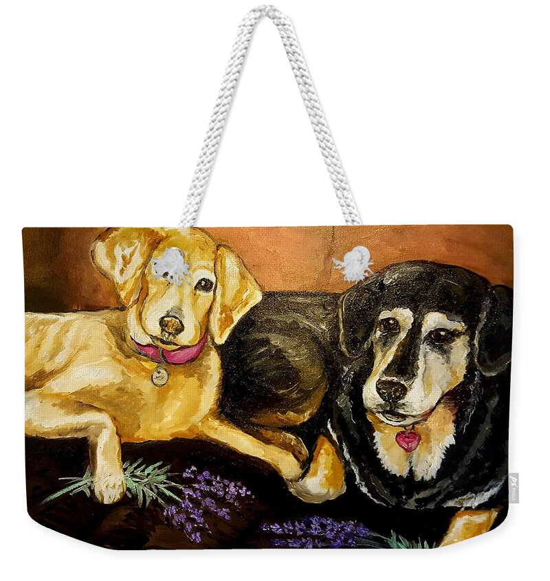 Dogs Weekender Tote Bag featuring the painting Mandys Girls by Alexandria Weaselwise Busen
