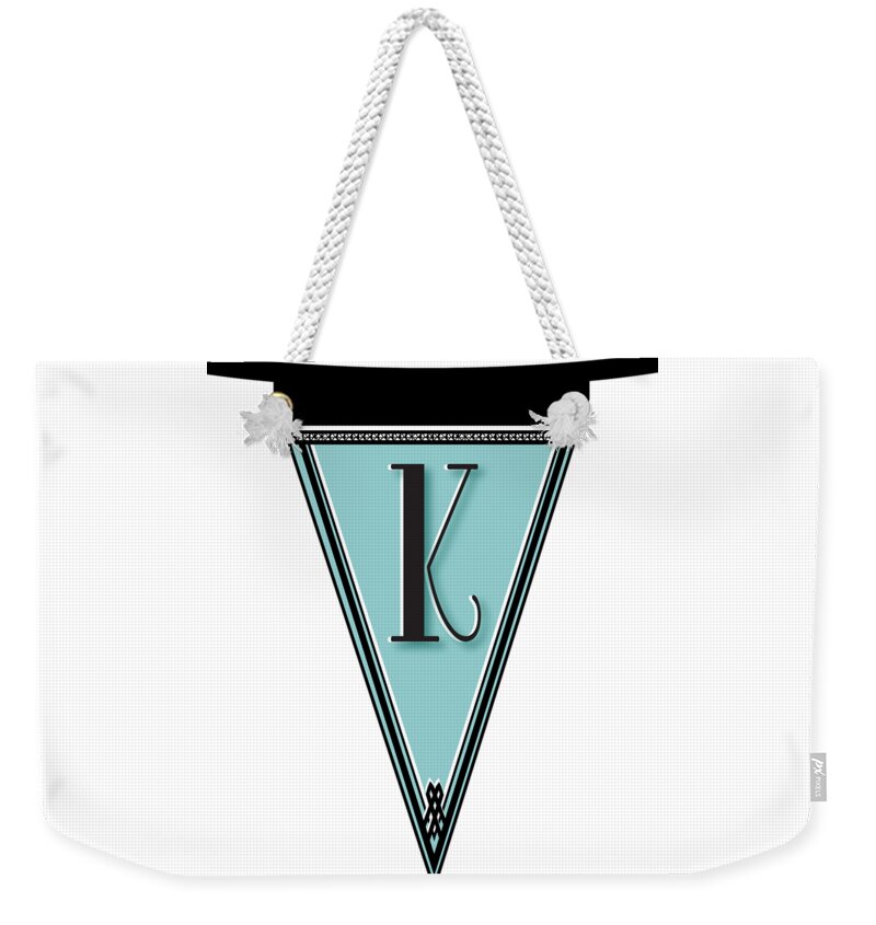 Banner Weekender Tote Bag featuring the digital art Pennant Deco Blues Banner initial letter K by Cecely Bloom