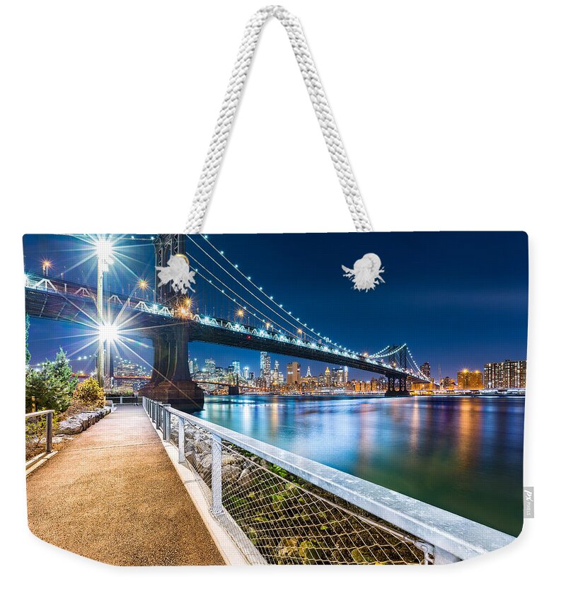 America Weekender Tote Bag featuring the photograph Manhattan Bridge by night by Mihai Andritoiu