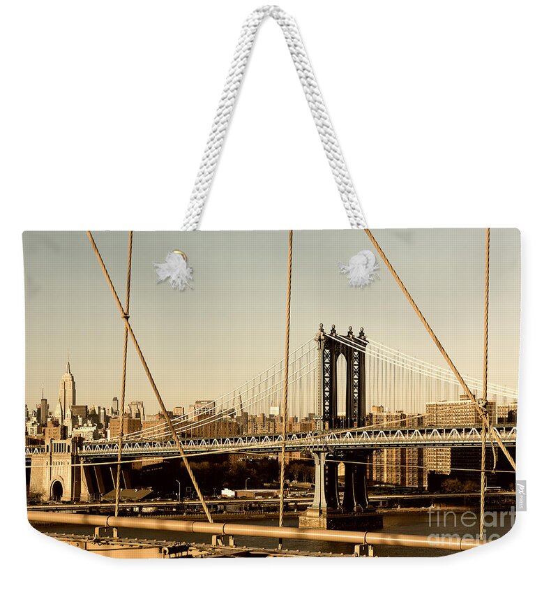 Brooklyn Bridge Weekender Tote Bag featuring the photograph Manhattan Bridge from the Brooklyn Bridge by Alissa Beth Photography