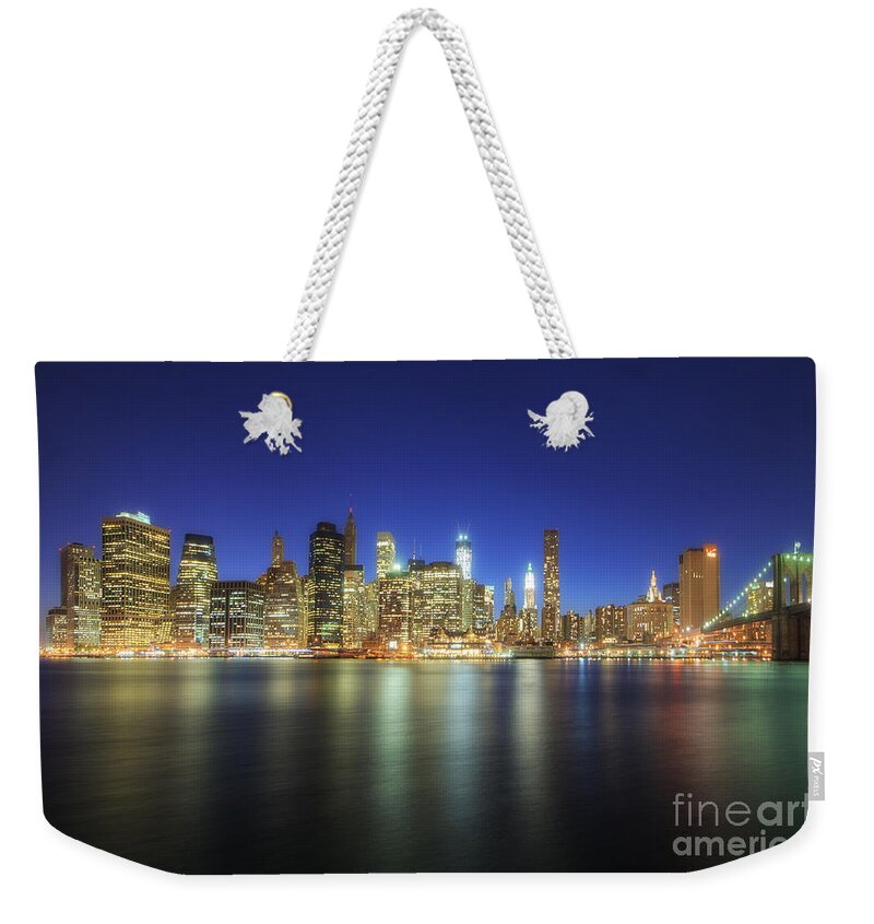 Yhun Suarez Weekender Tote Bag featuring the photograph Manhattan Nite Lites NYC by Yhun Suarez