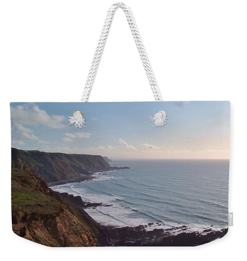 Coast Weekender Tote Bag featuring the photograph Mansley Cliff And Gull Rock from Longpeak by Richard Brookes