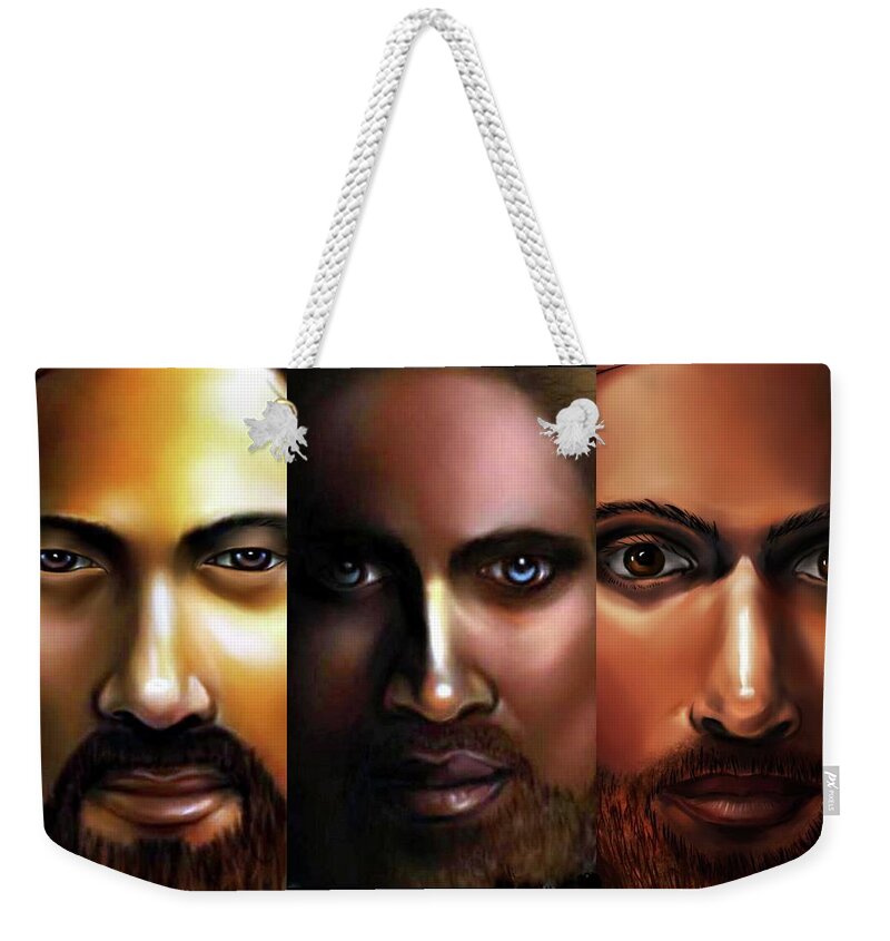 Jesus Weekender Tote Bag featuring the digital art Many Faces of Jesus by Carmen Cordova