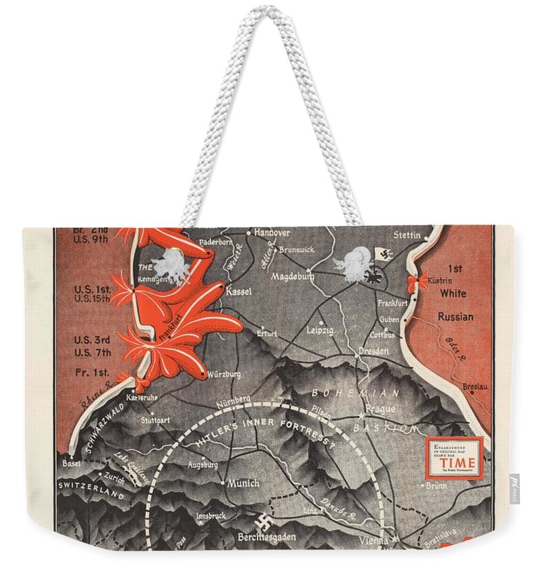 Map Of Germany Weekender Tote Bag featuring the drawing Map of Germany - World War 2 Military Map -Time Magazine - Historic Map by Studio Grafiikka