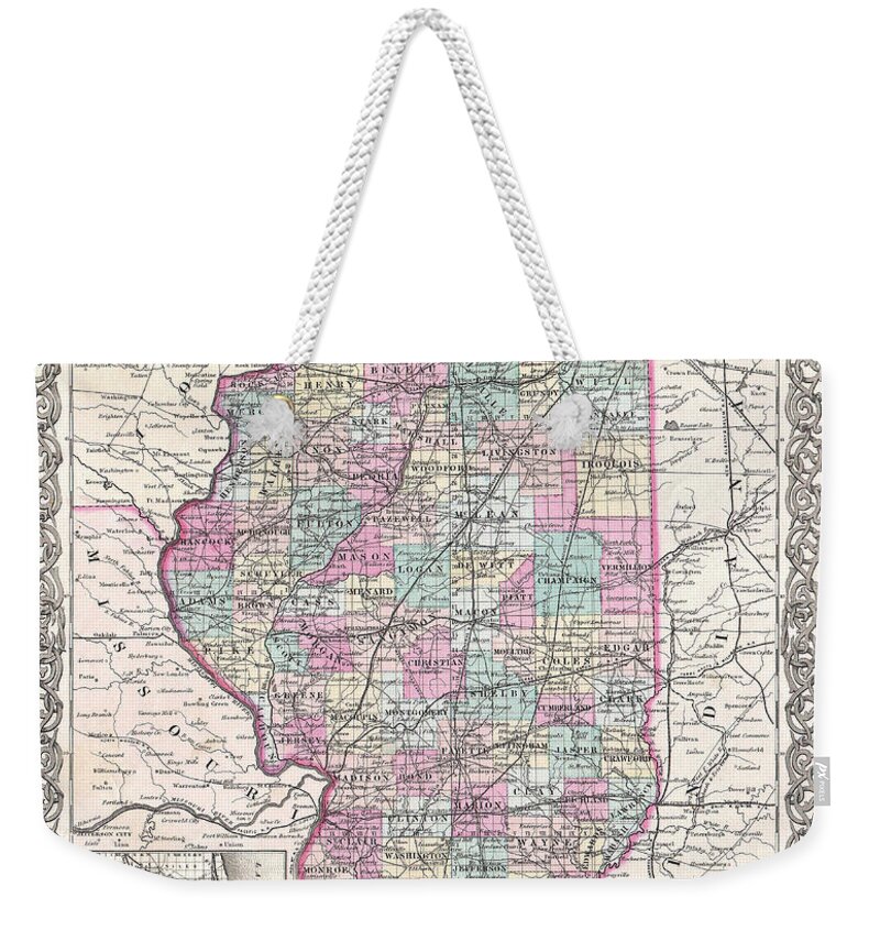 Joseph Hutchins Colton Weekender Tote Bag featuring the drawing Map of Illinois by Joseph Hutchins Colton