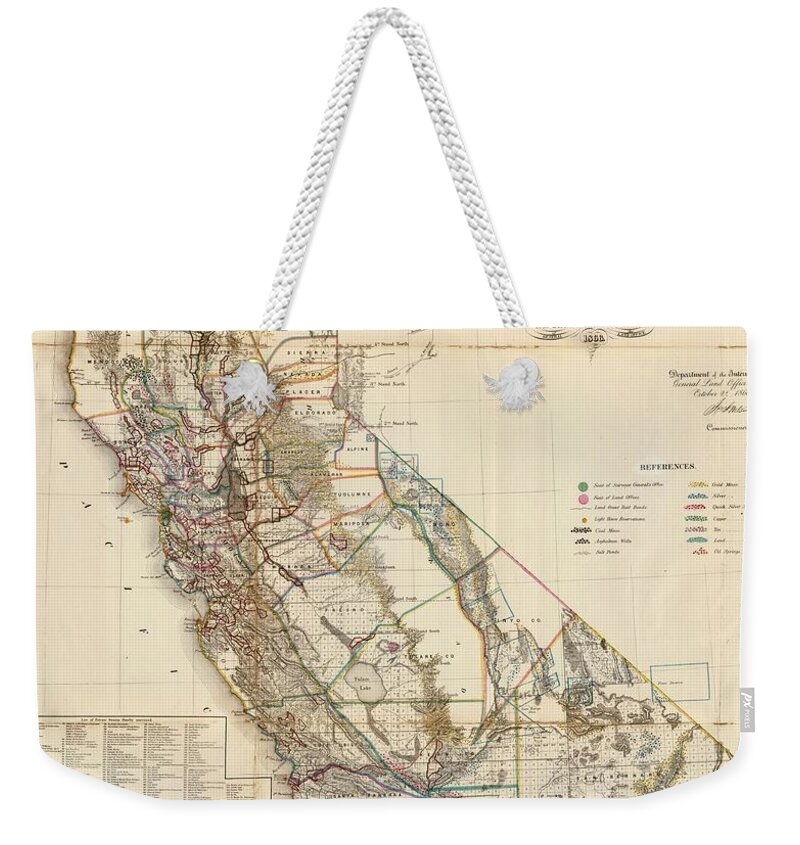 Map Of Public Surveys Weekender Tote Bag featuring the painting Map of Public Surveys in California and Nevada to accompany report of the commissioner by Vintage Collectables