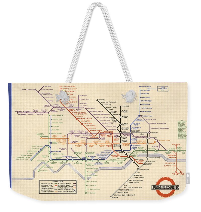 Map Of The London Underground Weekender Tote Bag featuring the drawing Map of the London Underground - London Metro - 1933 - Historical Map by Studio Grafiikka