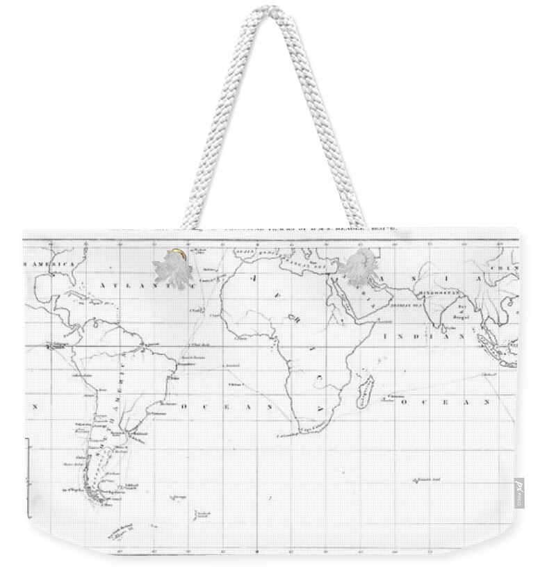 Historic Weekender Tote Bag featuring the photograph Map Of Voyage Of H.m.s. Beagle, 1831-6 by Wellcome Images