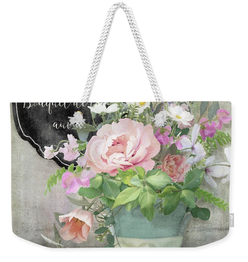 Marche Aux Fleurs Weekender Tote Bag featuring the painting Marche aux Fleurs 3 Peony Tulips Sweet Peas Lavender and Bird by Audrey Jeanne Roberts