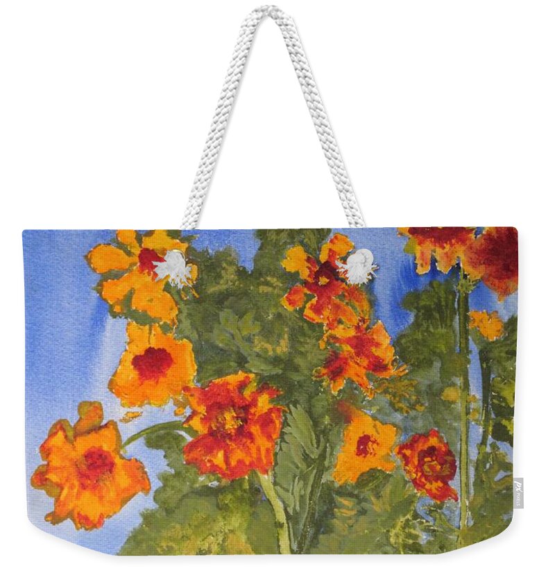 Marigold Weekender Tote Bag featuring the painting Marigolds by Sandy McIntire