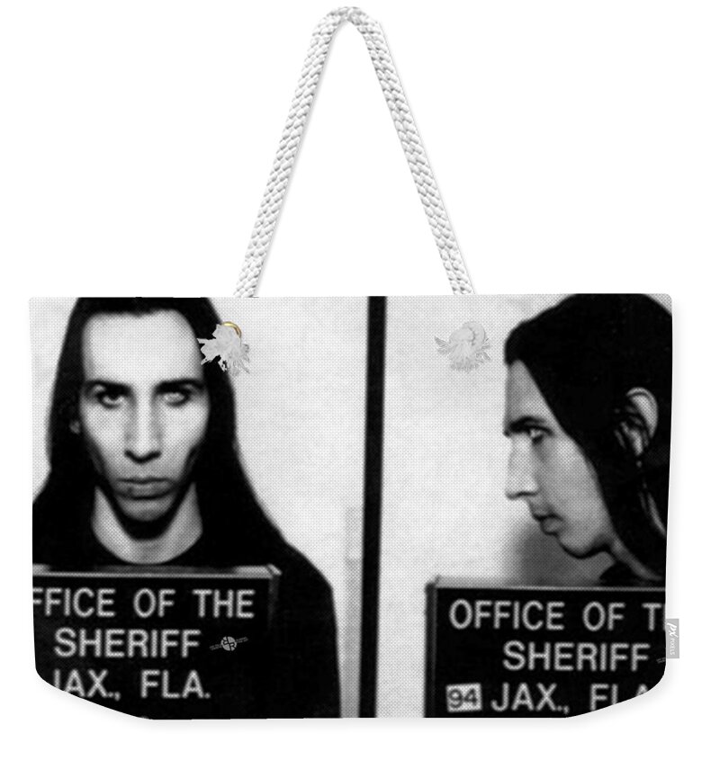 Marilyn Manson Weekender Tote Bag featuring the photograph Marilyn Manson Mug Shot Horizontal by Tony Rubino