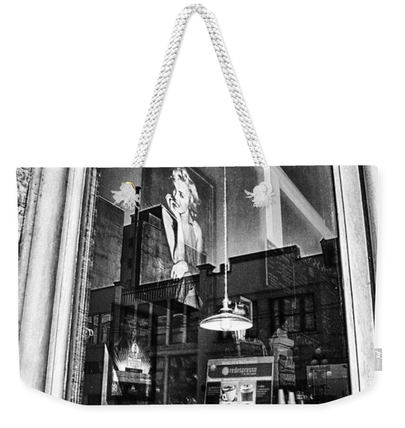 Coffee Shop Weekender Tote Bag featuring the photograph Marilyn Through The Window by Theresa Tahara