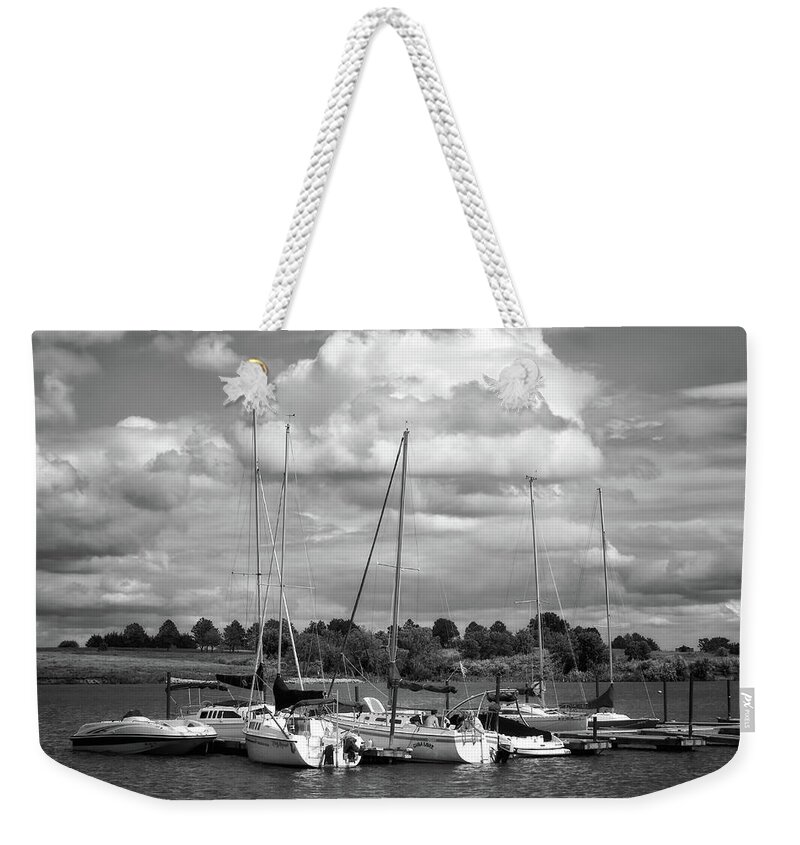 Boats Weekender Tote Bag featuring the photograph Marina - Branched Oak Lake - Black and White by Nikolyn McDonald