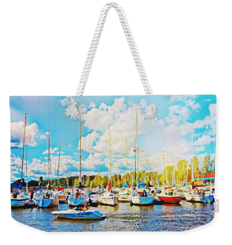 Marina Weekender Tote Bag featuring the mixed media Marina in the summertime by Tatiana Travelways