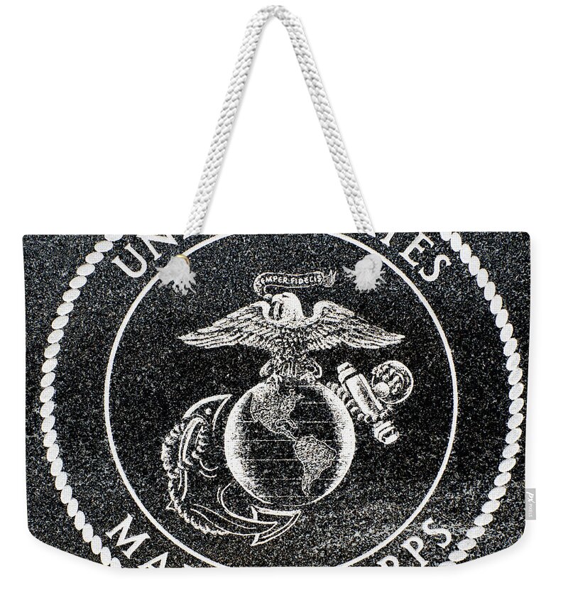 Marine Corps Weekender Tote Bag featuring the photograph Marine Corps Emblem Polished Granite by Gary Whitton