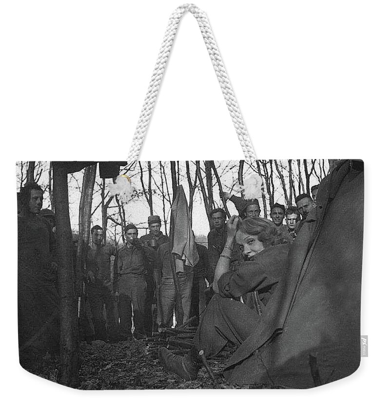 Marlene Dietrich Camped Out Behind Enemy Lines During The Winter Of 1944-194 Weekender Tote Bag featuring the photograph Marlene Dietrich camped out behind enemy lines during the winter of 1944-194 by David Lee Guss