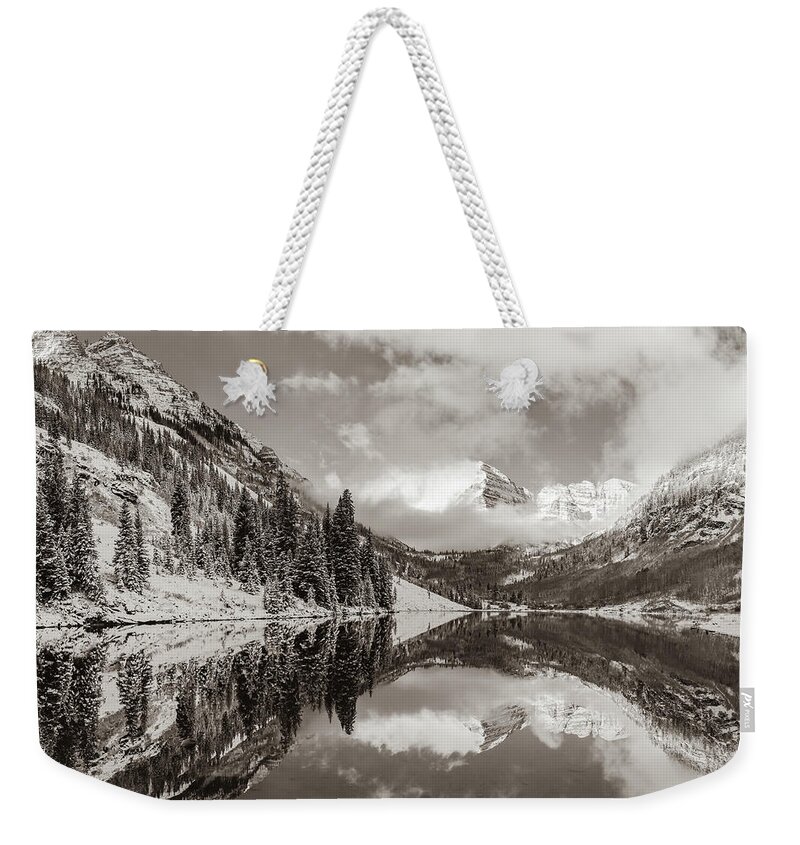 Mountain Landscape Weekender Tote Bag featuring the photograph Maroon Bells Peaks and Mountain Landscape Reflections - Sepia by Gregory Ballos