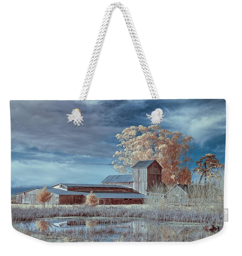 Greg Nyquist Weekender Tote Bag featuring the photograph Marsh and Barn in Infrared 1 by Greg Nyquist