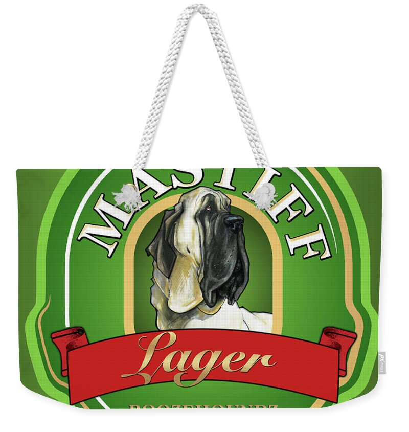 Beer Weekender Tote Bag featuring the drawing Mastiff Lager by Canine Caricatures By John LaFree