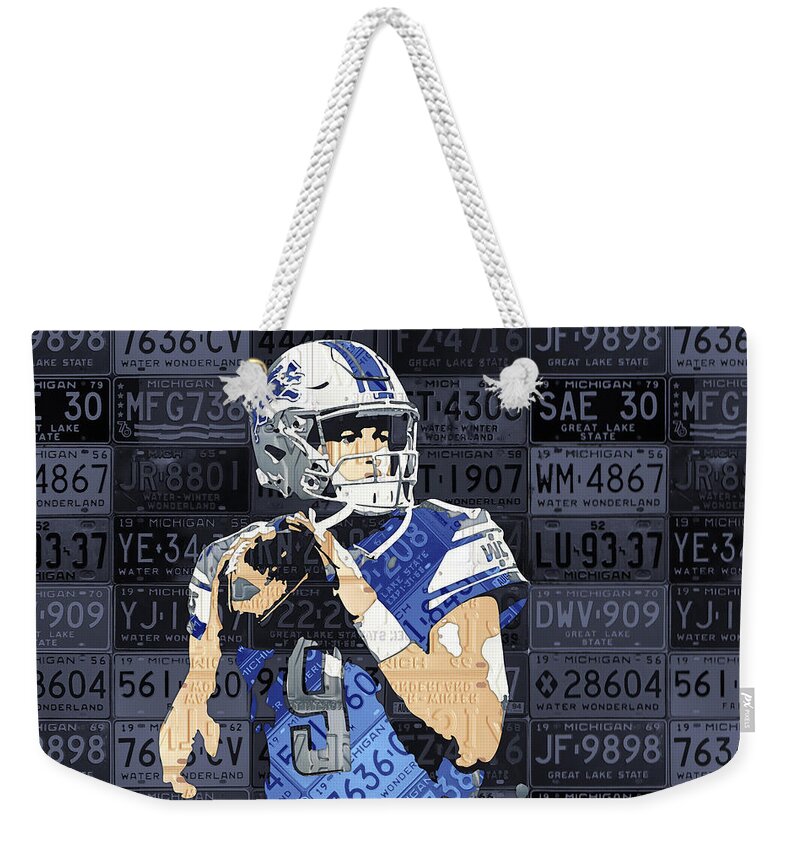 Matthew Stafford Weekender Tote Bag featuring the mixed media Matthew Stafford Detroit Lions Quarterback Recycled Michigan License Plates Art Portrait by Design Turnpike