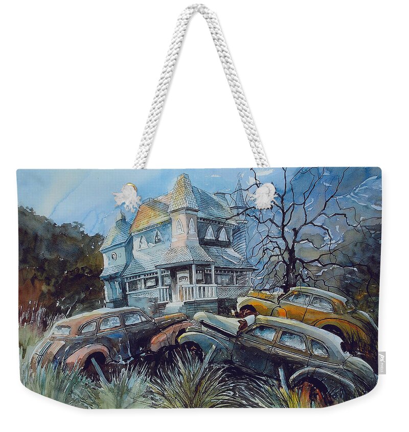 Old Chevies Weekender Tote Bag featuring the painting Maybe Rot Maybe Not by Ron Morrison