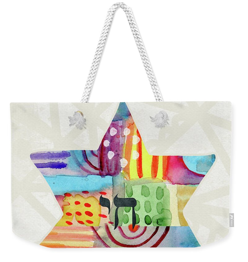 Mazel Tov Weekender Tote Bag featuring the painting Mazel Tov Colorful Star- Art by Linda Woods by Linda Woods