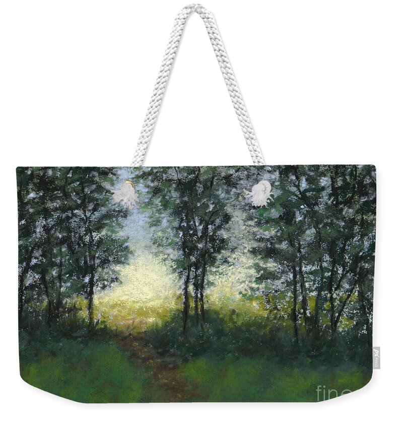 Landscape Weekender Tote Bag featuring the painting Meadow at Dawn by Ginny Neece