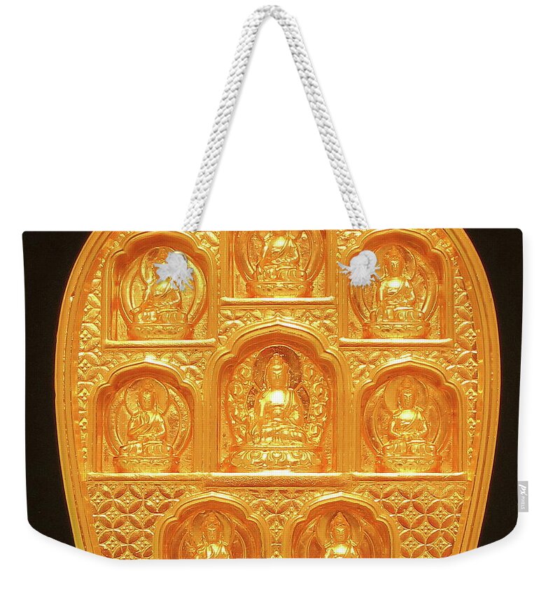 Buddha Weekender Tote Bag featuring the sculpture Medicine Buddha tsatsa by Martin Walker-Watson Gilding Arts Studio