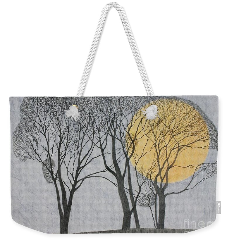 Landscape Weekender Tote Bag featuring the drawing Megamoon by Ann Brain