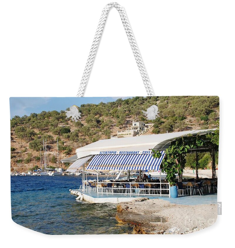 Meganissi Weekender Tote Bag featuring the photograph Meganissi beach taverna by David Fowler