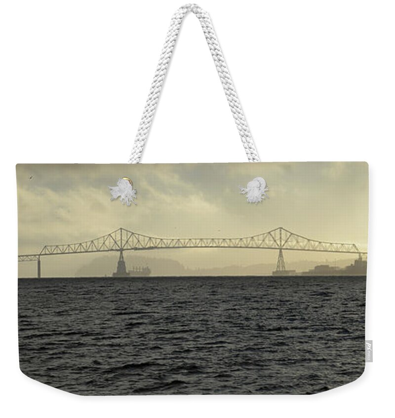 Denise Bruchman Weekender Tote Bag featuring the photograph Megler in the Mist by Denise Bruchman