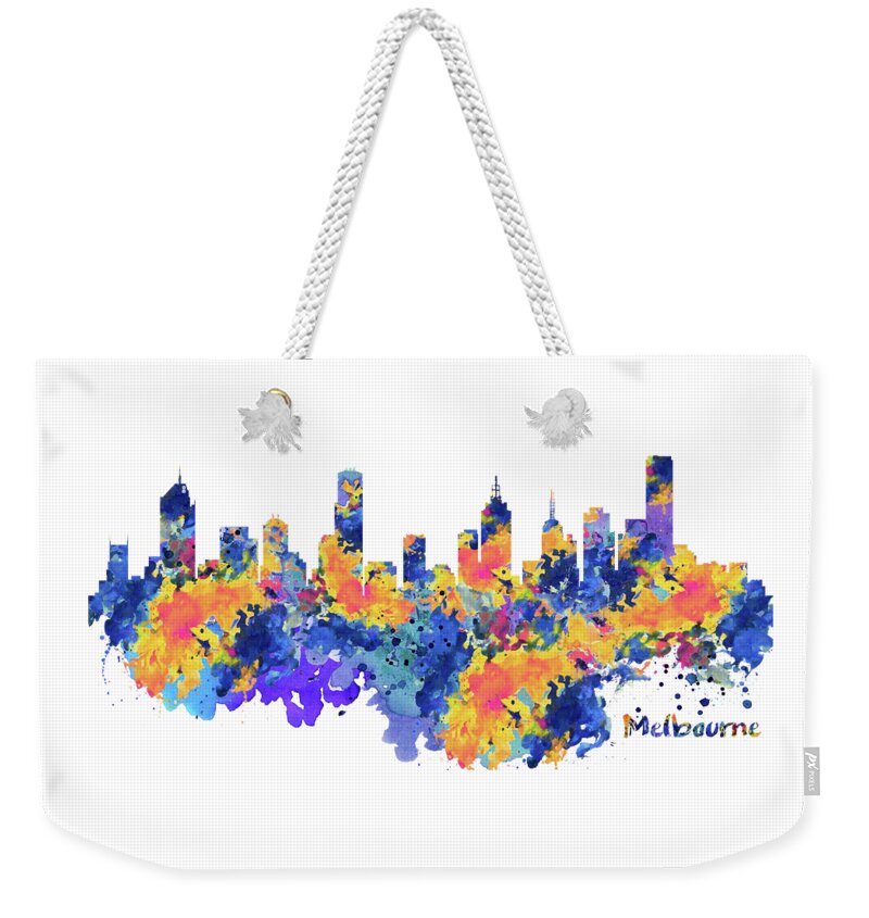 Marian Voicu Weekender Tote Bag featuring the painting Melbourne Watercolor Skyline by Marian Voicu