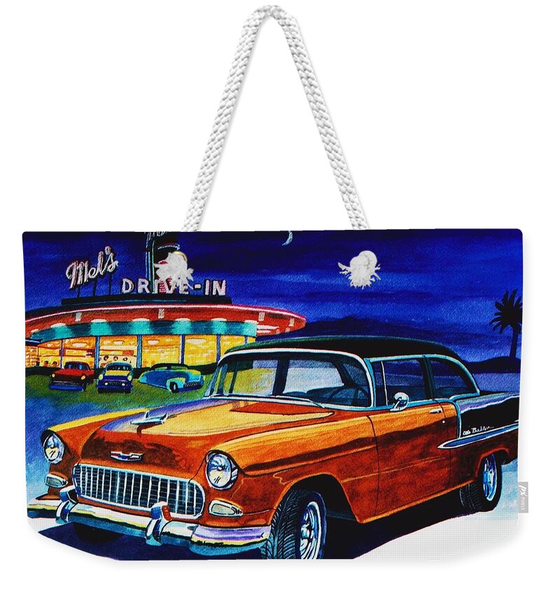 Mel's Weekender Tote Bag featuring the painting Mel's drive in by Jeff Blazejovsky