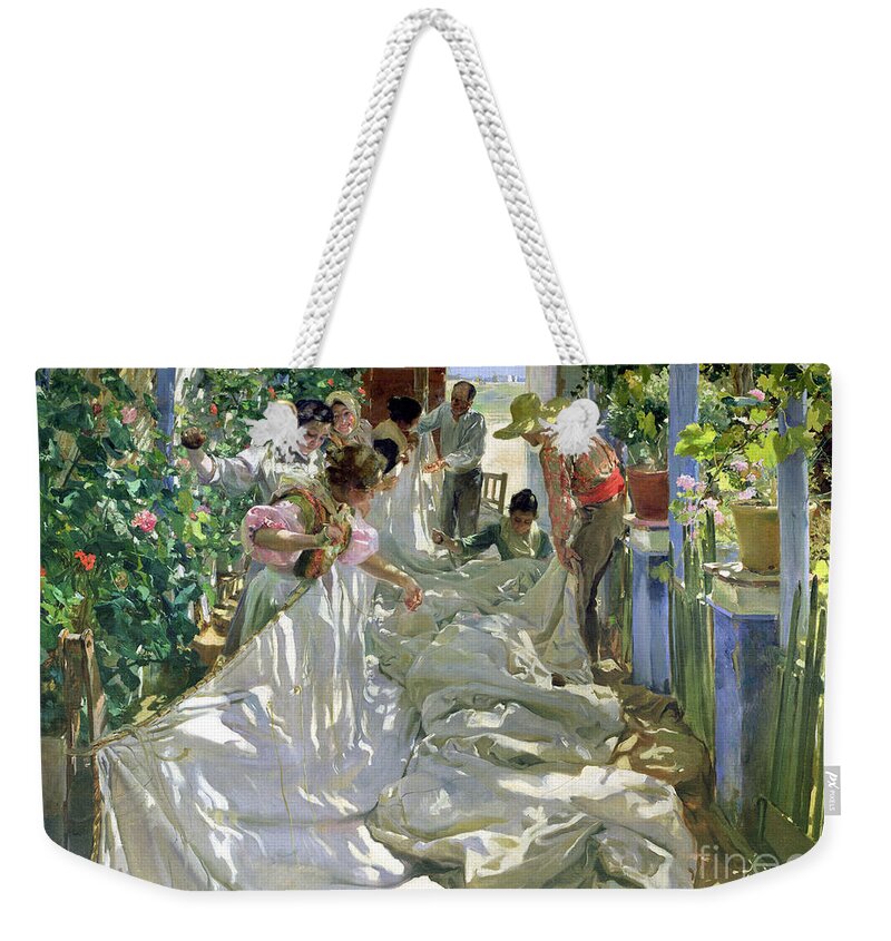 Sewing;straw Hat;geranium;sunshine;worker;workers;greenhouse;conservatory;interior; Pagoda Weekender Tote Bag featuring the painting Mending the Sail by Joaquin Sorolla y Bastida