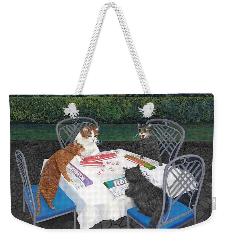 Cat Art Weekender Tote Bag featuring the painting Meowjongg - Cats playing Mahjongg by Karen Zuk Rosenblatt