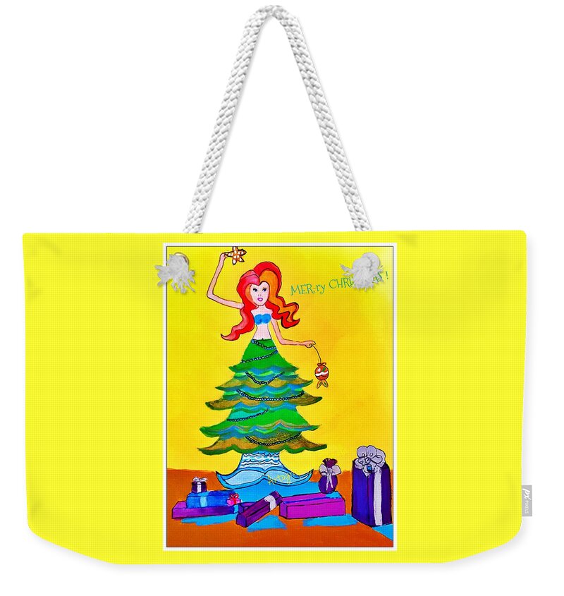 Christmas Mermaid Weekender Tote Bag featuring the painting Mer-ry Christmas Mermaid Tree  by Pamela Smale Williams