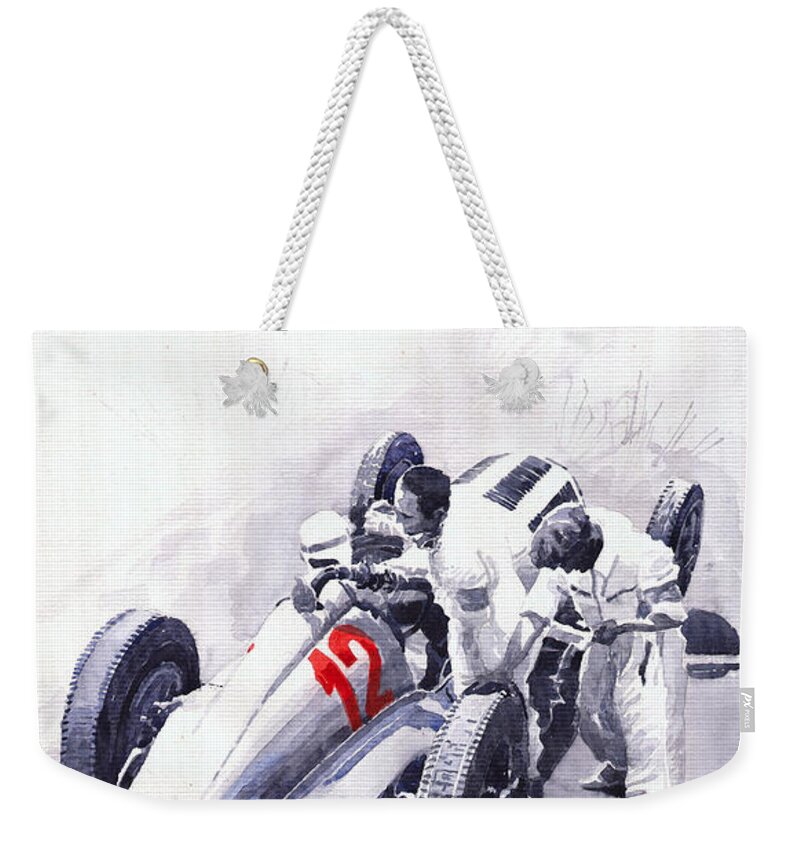 Automotive Weekender Tote Bag featuring the painting Mercedes Benz W125 Rudolf Caracciola the German Grand Prix Nurburgring 1937 by Yuriy Shevchuk