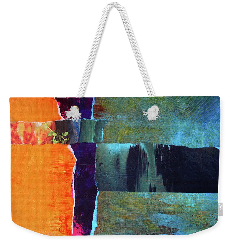 Abstract Mixed Media Collage Weekender Tote Bag featuring the mixed media Meridian Abstract Collage by Nancy Merkle