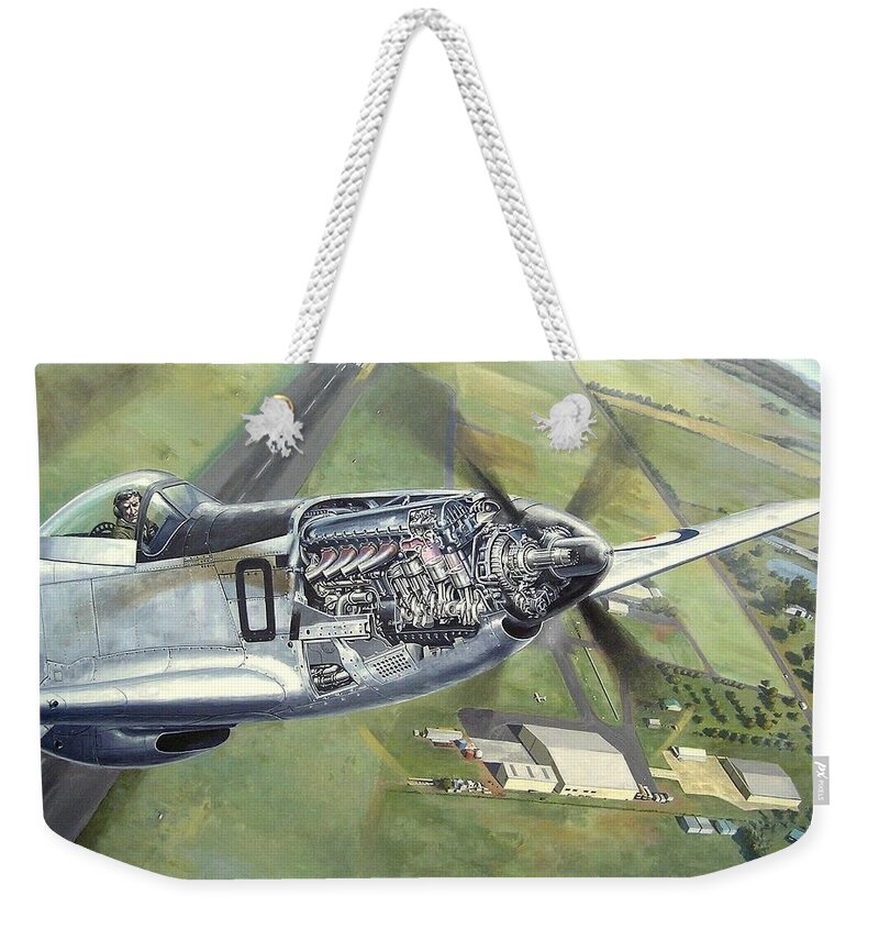 Mustang. Merlin Aircraft Engine. Cutaway Engine. Scone Airport. Col Pay 07 Mustang. North American P51 Mustang. Weekender Tote Bag featuring the painting Merlin Magic over Scone by Colin Parker