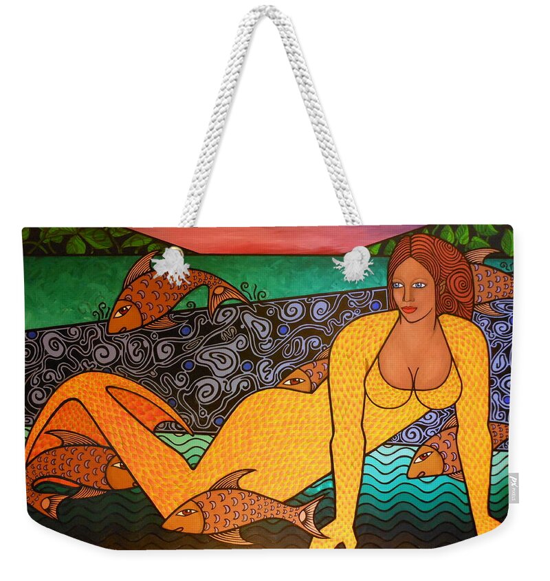 Figures With Fish Weekender Tote Bag featuring the painting Mermaid and Friends by Bryon Stewart