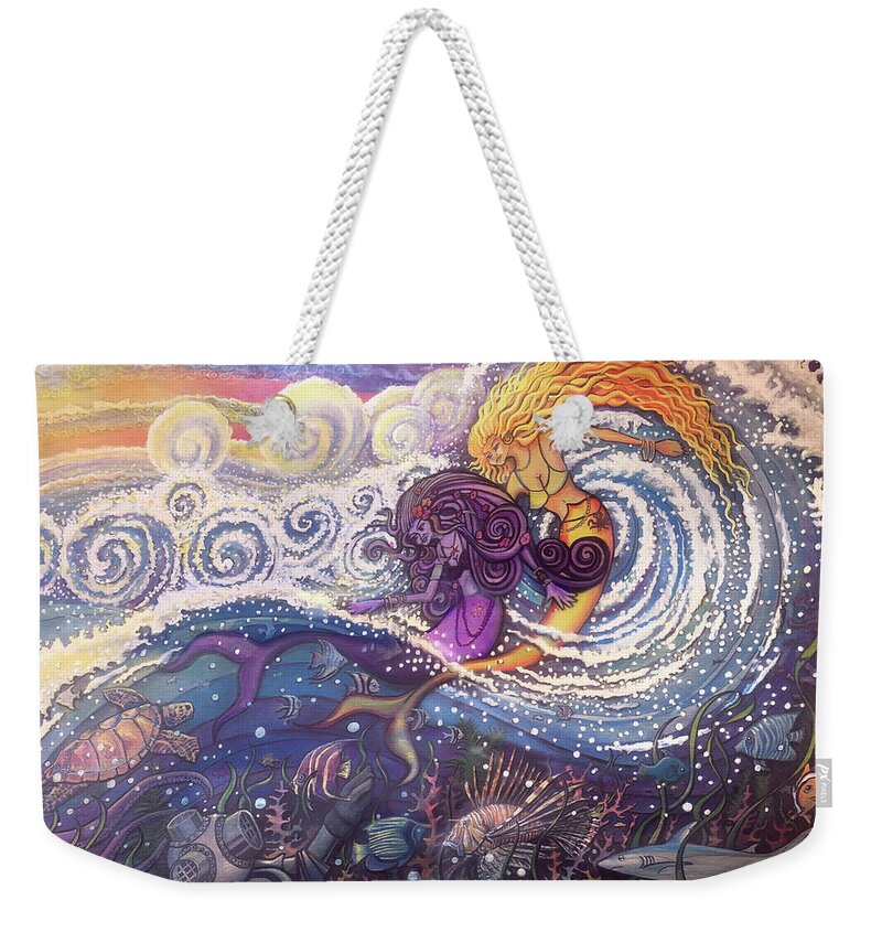 Mermaids Weekender Tote Bag featuring the painting Mermaids in the Surf by David Sockrider
