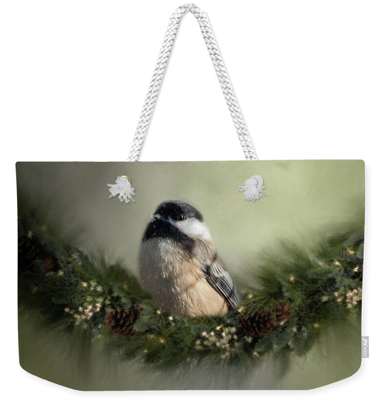 Song Bird Weekender Tote Bag featuring the photograph Merry Christmas Chicadee 1 by Cathy Kovarik
