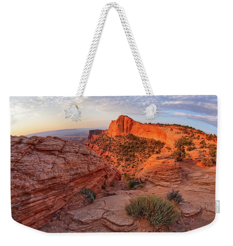 America Weekender Tote Bag featuring the photograph Mesa Arch overlook at dawn by Kyle Lee